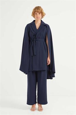 Premium Krep Pelerinli Ceket Lacivert