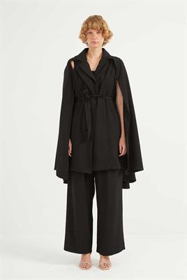 Premium Krep Pelerinli Ceket Siyah