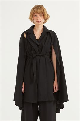 Premium Krep Pelerinli Ceket Siyah