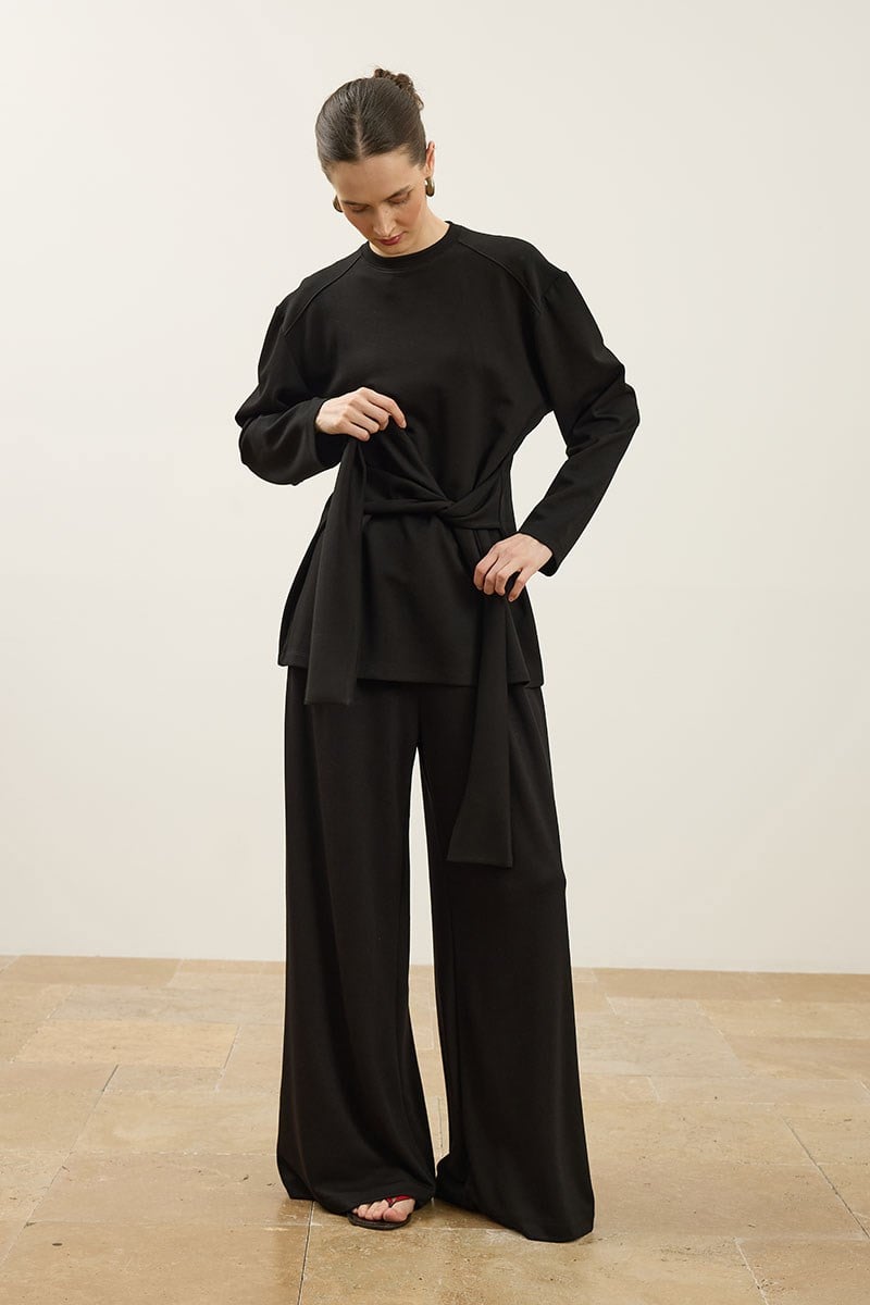 Rahat Kesim Bağlamalı Sweatshirt Siyah