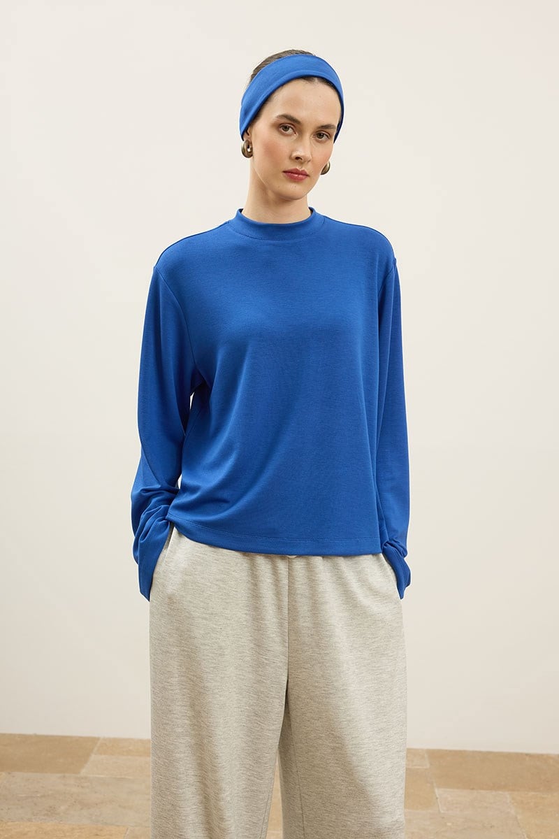 Rahat Kesim Basic Sweatshirt Kobalt Mavisi