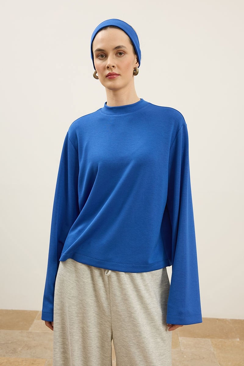 Rahat Kesim Basic Sweatshirt Kobalt Mavisi
