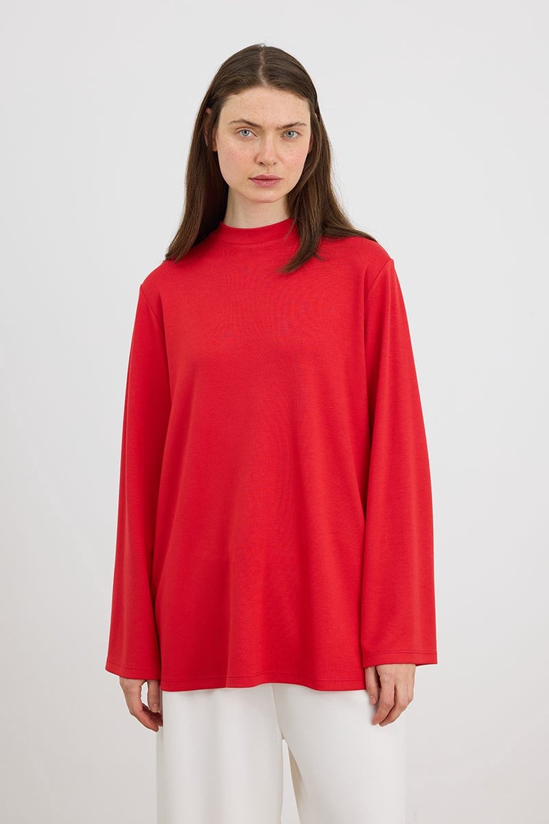 Rahat Kesim Uzun Sweatshirt Kırmızı