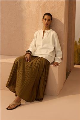 Reglan Kollu Keten Bluz Ekru