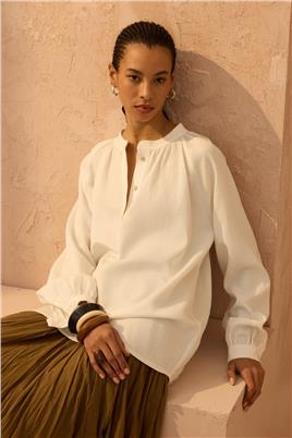 Reglan Kollu Keten Bluz Ekru