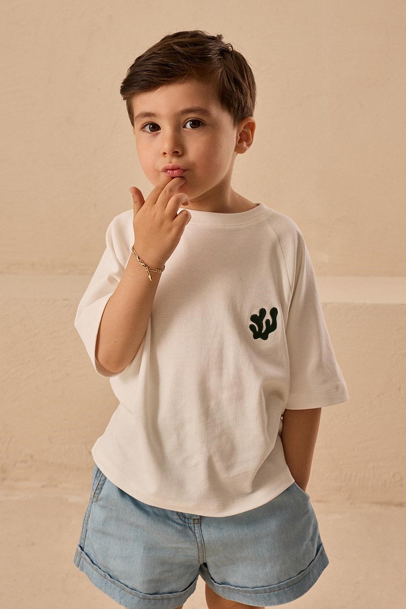 Reglan Kollu Nakışlı Çocuk Tshirt Ekru
