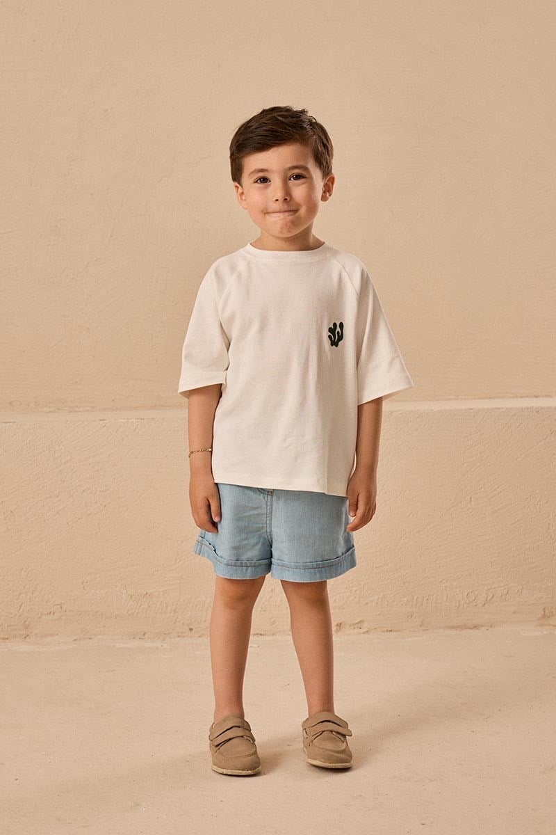 Reglan Kollu Nakışlı Çocuk Tshirt Ekru