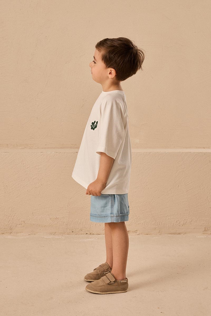 Reglan Kollu Nakışlı Çocuk Tshirt Ekru-Yosun Nakışlı