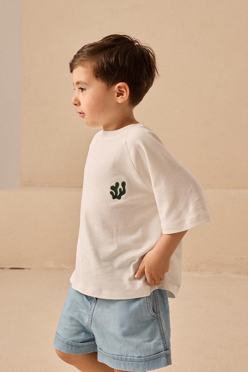 Reglan Kollu Nakışlı Çocuk Tshirt Ekru