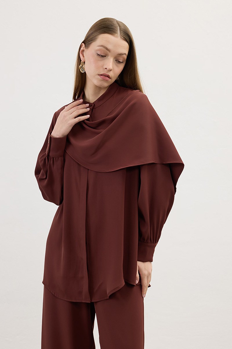 Şal Detaylı Gömlek Kızıl Kahve