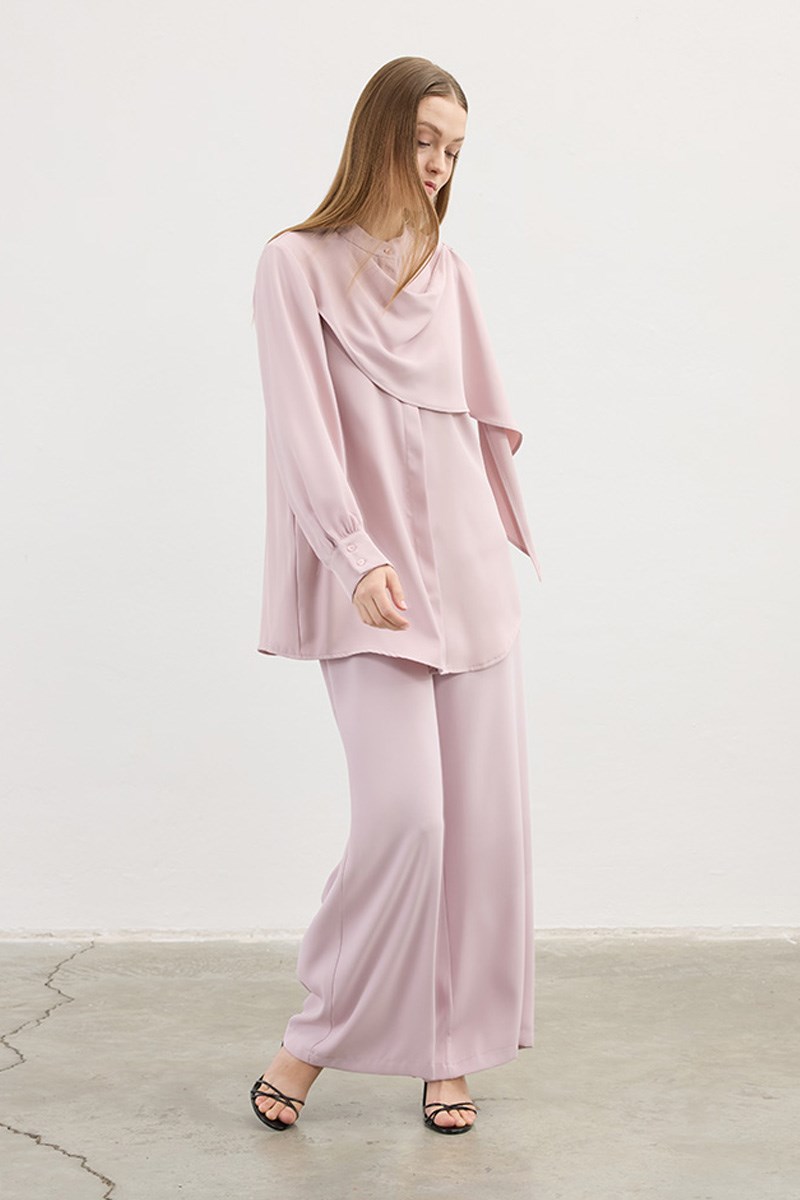 Şal Detaylı Gömlek Pudra