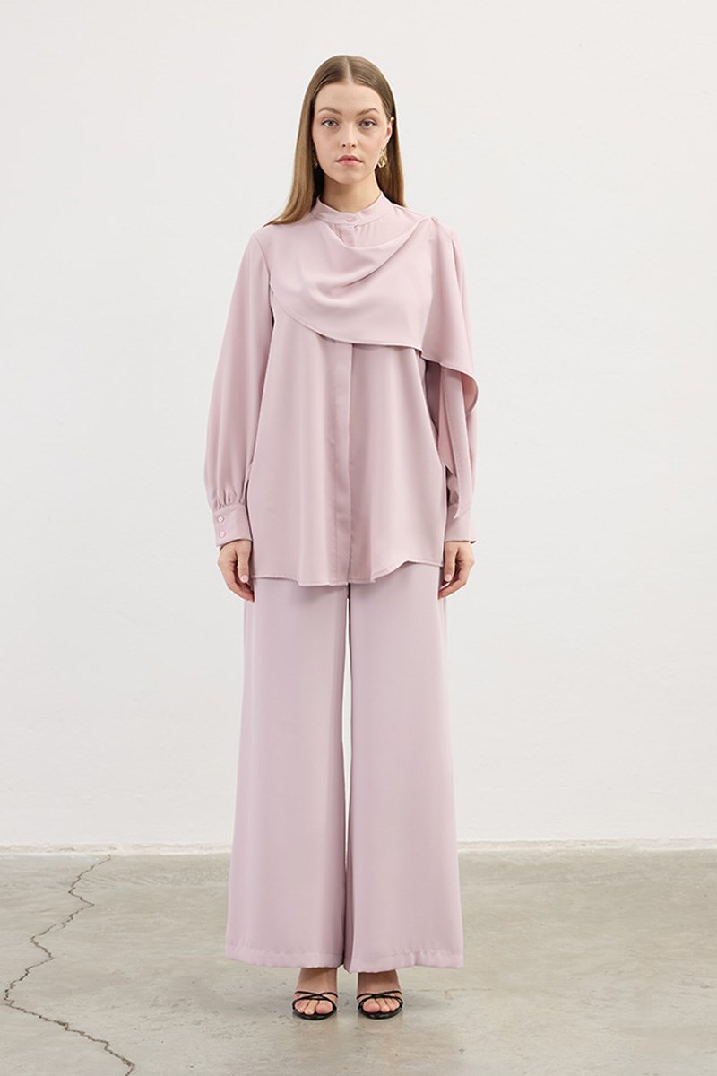 Şal Detaylı Gömlek Pudra