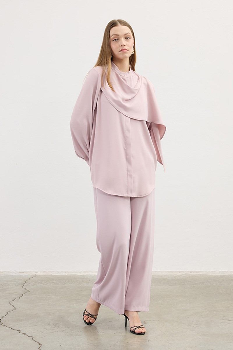 Şal Detaylı Gömlek Pudra