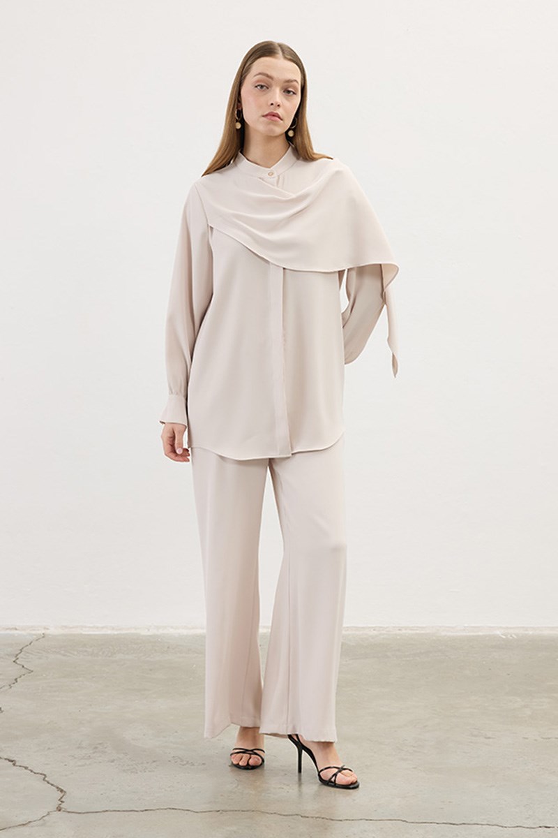 Şal Detaylı Gömlek Taş