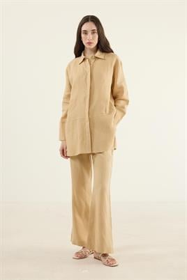 Sarı %100 Keten Parçalı Gömlek, Flare Pantolon Takım
