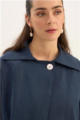 Sedef Düğmeli %100 Keten Ceket Lacivert