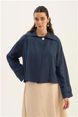 Sedef Düğmeli %100 Keten Ceket Lacivert