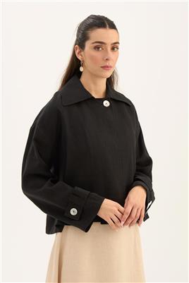 Sedef Düğmeli %100 Keten Ceket Siyah