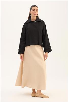 Sedef Düğmeli %100 Keten Ceket Siyah