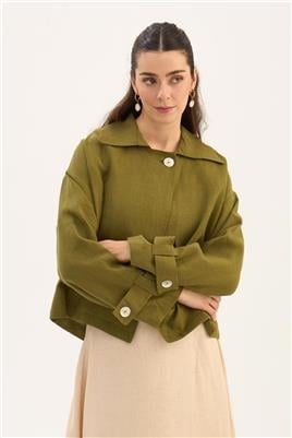 Sedef Düğmeli %100 Keten Ceket Haki