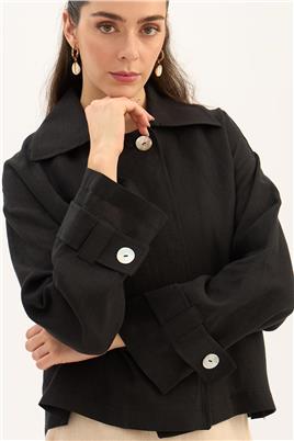 Sedef Düğmeli %100 Keten Ceket Siyah