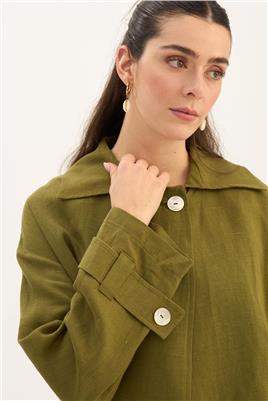 Sedef Düğmeli %100 Keten Ceket Haki