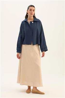 Sedef Düğmeli %100 Keten Ceket Lacivert