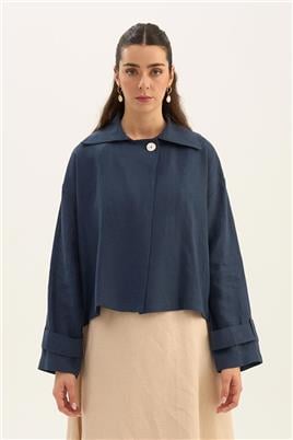 Sedef Düğmeli %100 Keten Ceket Lacivert