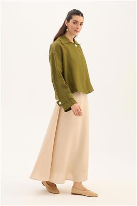 Sedef Düğmeli %100 Keten Ceket Haki