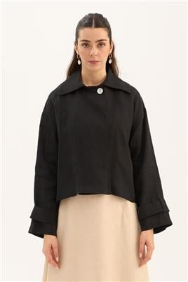 Sedef Düğmeli %100 Keten Ceket Siyah