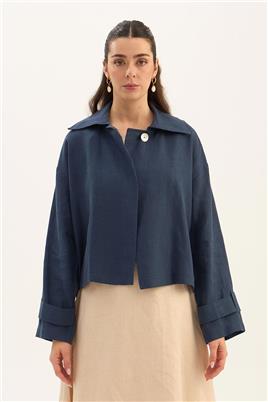 Sedef Düğmeli %100 Keten Ceket Lacivert