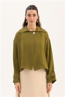 Sedef Düğmeli %100 Keten Ceket Haki