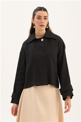 Sedef Düğmeli %100 Keten Ceket Siyah