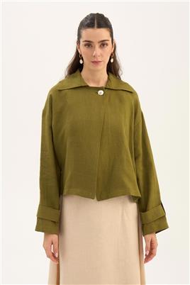 Sedef Düğmeli %100 Keten Ceket Haki