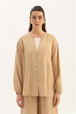 Sedef Düğmeli Bluz Bej