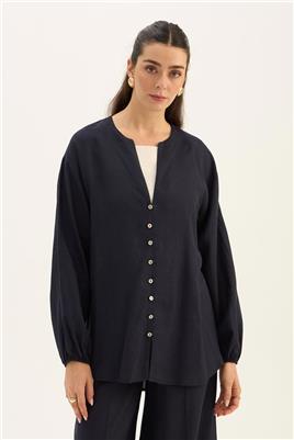 Sedef Düğmeli Bluz Lacivert