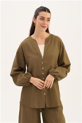 Sedef Düğmeli Bluz Haki