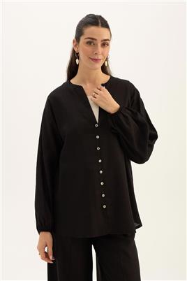 Sedef Düğmeli Bluz Siyah