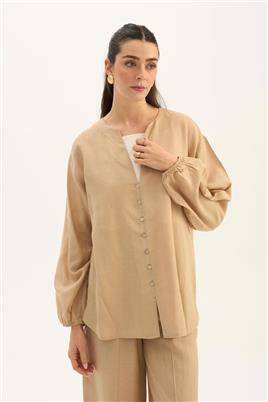 Sedef Düğmeli Bluz Bej