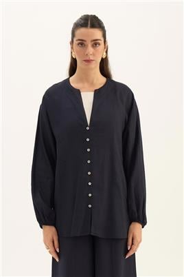 Sedef Düğmeli Bluz Lacivert