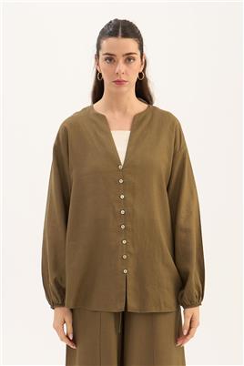 Sedef Düğmeli Bluz Haki
