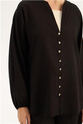 Sedef Düğmeli Bluz Siyah