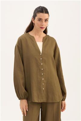Sedef Düğmeli Bluz Haki