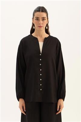 Sedef Düğmeli Bluz Siyah