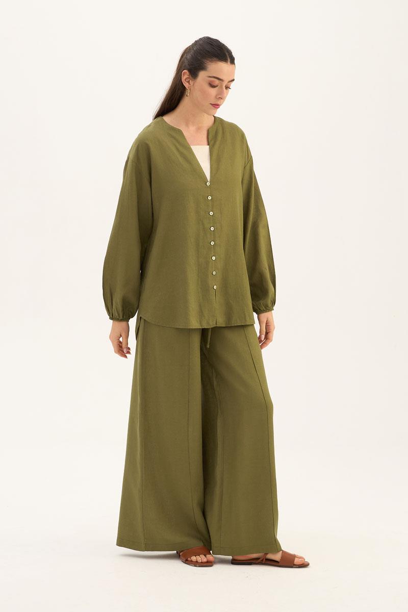 Sedef Düğmeli Bluz Zeytin Yeşili