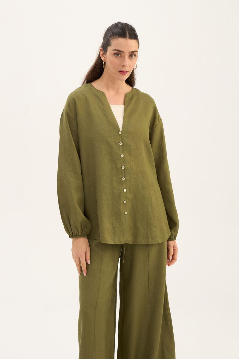 Sedef Düğmeli Bluz Zeytin Yeşili