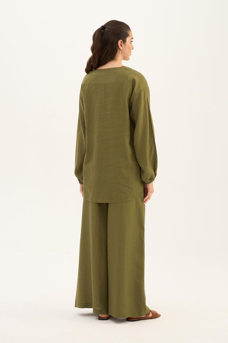 Sedef Düğmeli Bluz Zeytin Yeşili