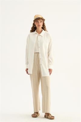 Sedef Düğmeli Keten Gömlek Ekru