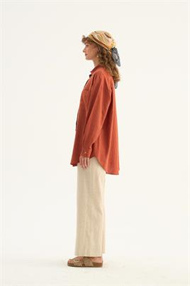 Sedef Düğmeli Keten Gömlek Kiremit