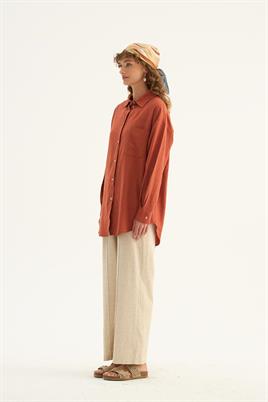 Sedef Düğmeli Keten Gömlek Kiremit